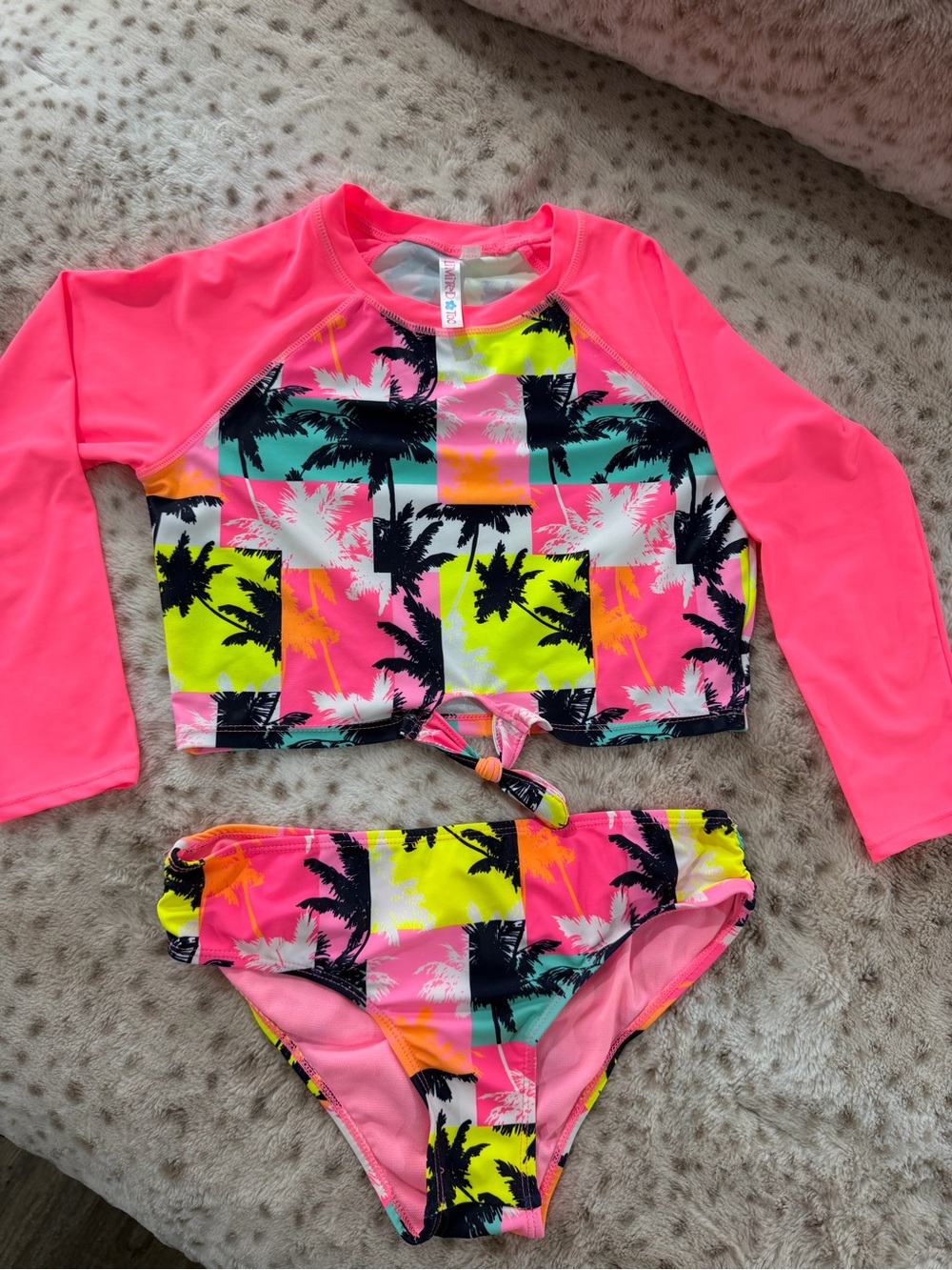 Limited Too Neon Pink Palm Print Long Sleeve Rashguard Bikini Set